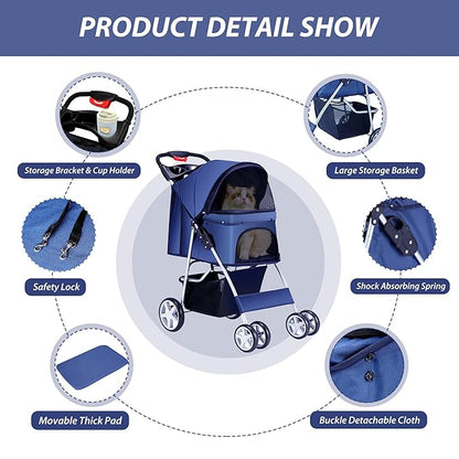 4 Wheels Pet Stroller for Small Medium Dogs Cats 33 lbs, Breathable Foldable Jogger Stroller with Storage Basket, Travel Puppy Stroller for All-Season, Move Pad & Protective Lock, Navy Blue
