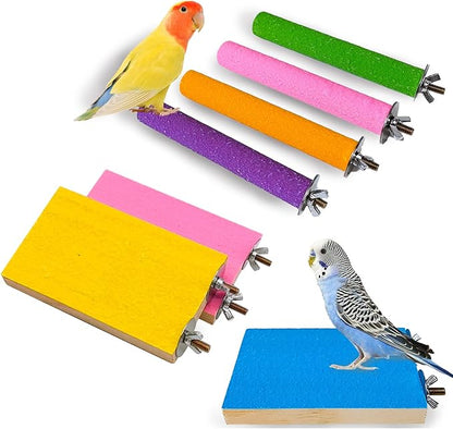 7 PCS Parrot Perch Stand Natural Wood Bird Perch Stand Platform Paw Grinding Sticks Cage Accessories Exercise Toys for Budgies Parakeets Cockatiels Conures Lovebirds