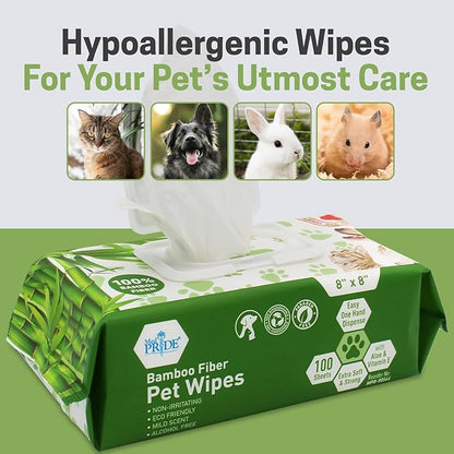 MED PRIDE Dog Wipes for Paws and Butt, Bamboo Fiber Cleaning Wipes with Aloe Vera & Vitamin E, Biodegradable, Hypoallergenic, XL 8 X 8 Inches, Pack of 100