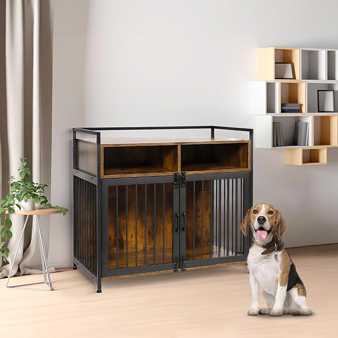 Houseables Dog Crate Furniture, Dog Crate That Looks Like Furniture, Kennel Table, Pet Kennel, Cages for Dogs Indoor, Pet Cage, Modern, Hidden, Decorative, Living Room, Aesthetic, S-M, 41 Inch, Brown