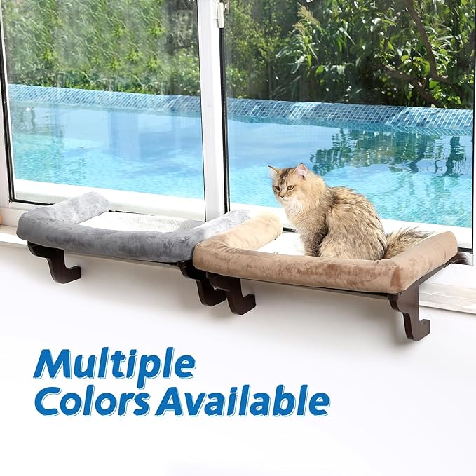 Zakkart Cat Perch for Window Sill with Bolster - Orthopedic Hammock Design with Premium Hardwood & Robust Metal Frame - Cat Window Seat for Large Cats and Kittens - Dark Stained Wood with Brown Bed