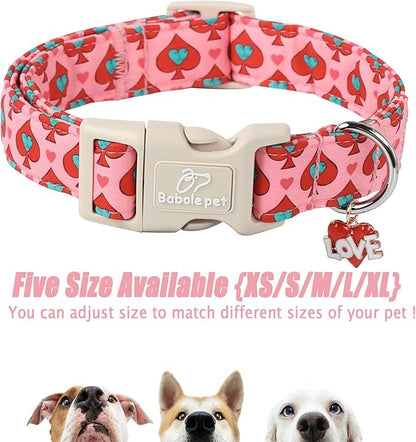 Valentine's Day Dog Collar - Cute Pink Valentines Dog Collar Girl Boy Durable Adjustable Spade Heart Pattern Charm Dog Collars for Small Medium Large Dogs XS