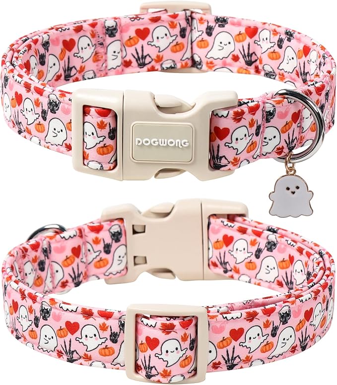 DOGWONG Halloween Dog Collar, Pink Halloween Dog Collar Adjustable Soft Cute Ghost Girl Pet Dog Collars Cute Puppy Necklace for Small Medium Large Dogs