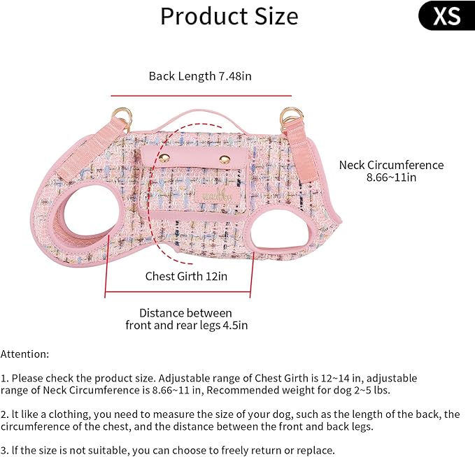 Dog Lift Harness Dog Carrier Dog VES Harness Adjustable Dog Leash with Small Puppy Treat Bag（Pink,XS）