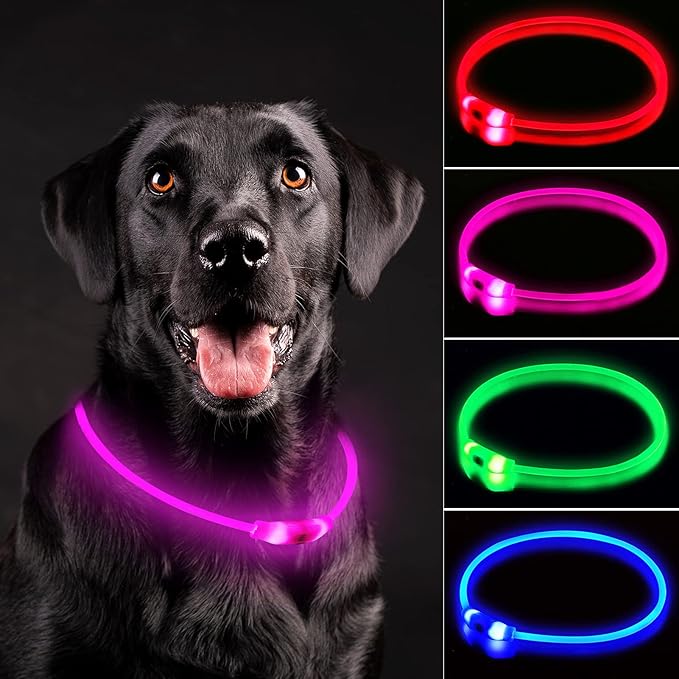LED Dog Collar, Rechargeable Light Up Dog Collars,IP67 Waterproof Dog Lights for Night Walkingï¼_djustable, Reusable Safety Necklace for Small Medium Large Dogs (Pink)