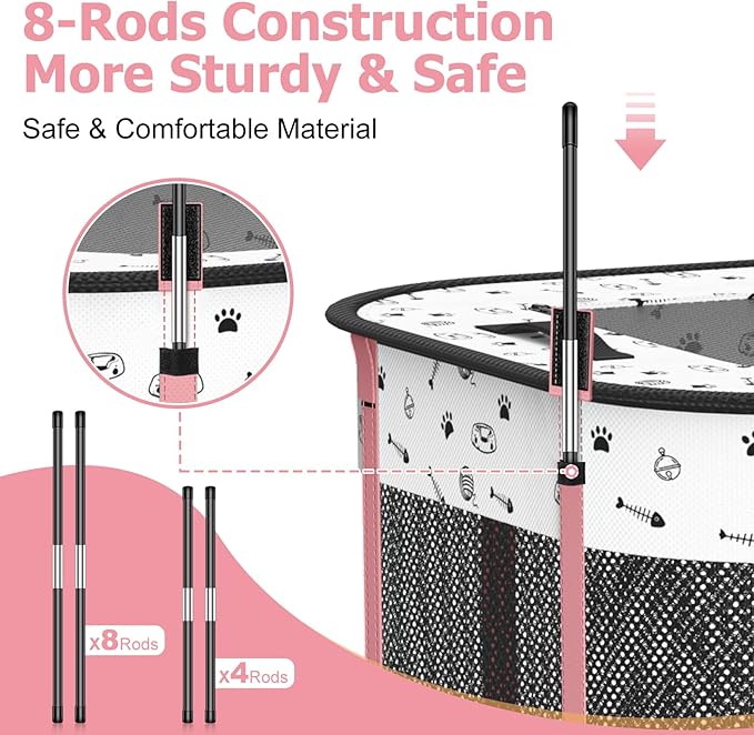 Portable Cat Playpen with litter box area, Foldable Pet Dog Playpen, for Kitten Puppy Play Pen Indoor/Outdoor, Cats Enclosure Cages Tent with Carrying Case, 600D Oxford 8-Rods, 32"x24"x22", Pink
