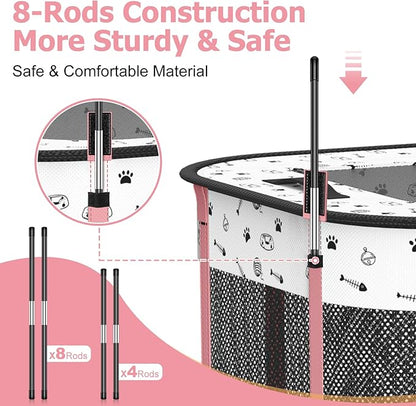 Portable Cat Playpen with litter box area, Foldable Pet Dog Playpen, for Kitten Puppy Play Pen Indoor/Outdoor, Cats Enclosure Cages Tent with Carrying Case, 600D Oxford 8-Rods, 32"x24"x22", Pink