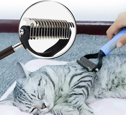 Double-Sided Pet Grooming Rake Comb for Dogs and Cats - Undercoat Dematting Tool with Flea Comb Set (Blue/11 tooth)