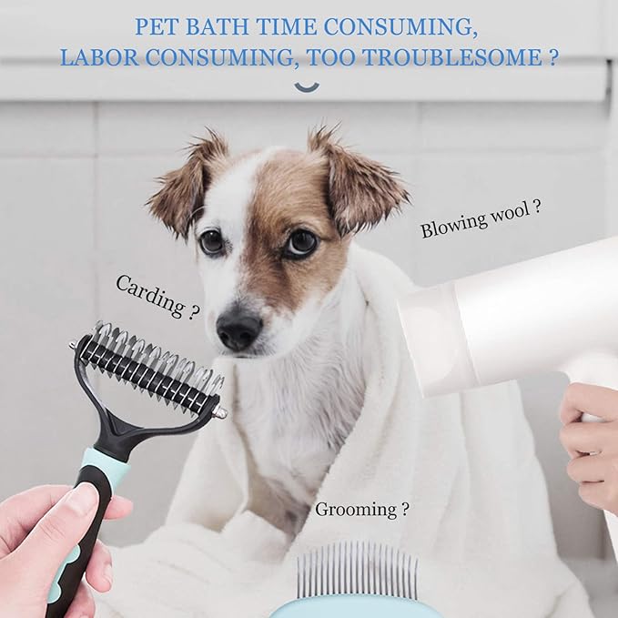 2 in 1 Dog Hair Dryer Comb Pet Hair Dryer with Slicker, Professional Home Grooming Dryer Brush Furry Drying Blower for Small Large Cat Dog White, 3 Temperature Settings