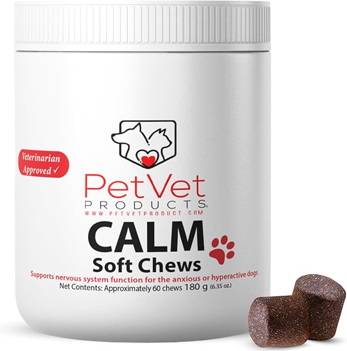 Pet Vet Calming Chews for Dogs – Dog Anxiety Relief (Beef Liver Flavor 60 Chews) – Stress Relief, Dog Supplements for Hyperactive & Anxious Dogs – Dog Anxiety Chews for Relaxation, Dog Care Products