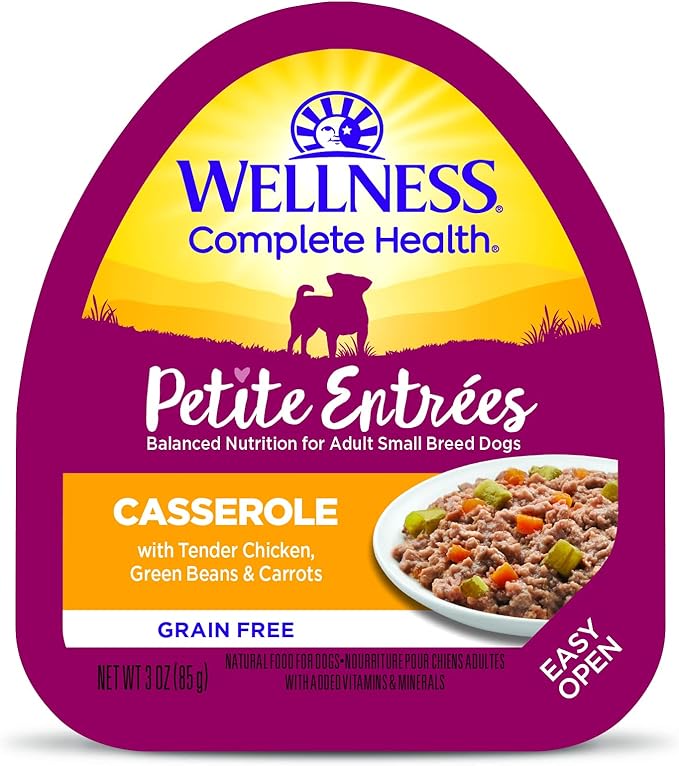 Wellness Natural Pet Food Petite Entrees Casserole Grain Free Natural Wet Small Breed Dog Food, Tender Chicken, Green Beans & Carrots, 3-Ounce Cup (Pack of 24)