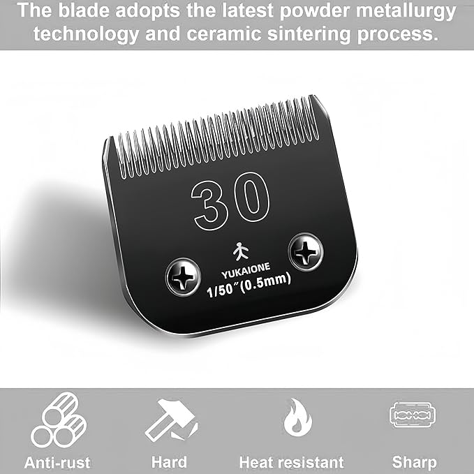 #30 Dog & Cat Clipper Blade: Titanium Coated SK2 Steel, Universal Fit for Andis, Oster, Wahl - 1/50" Cut for Ultra-Short Trims