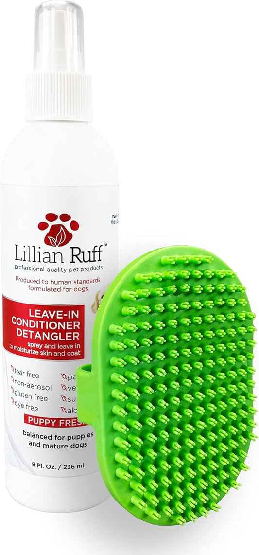 Lillian Ruff Leave-in Dog Conditioner & Detangler Spray - pH Balanced After-Bath No Rinse Dog Conditioning Spray - Silky Shine Spray for Dry Skin, Itch Relief, Detangling & Dematting (8oz/Brush)