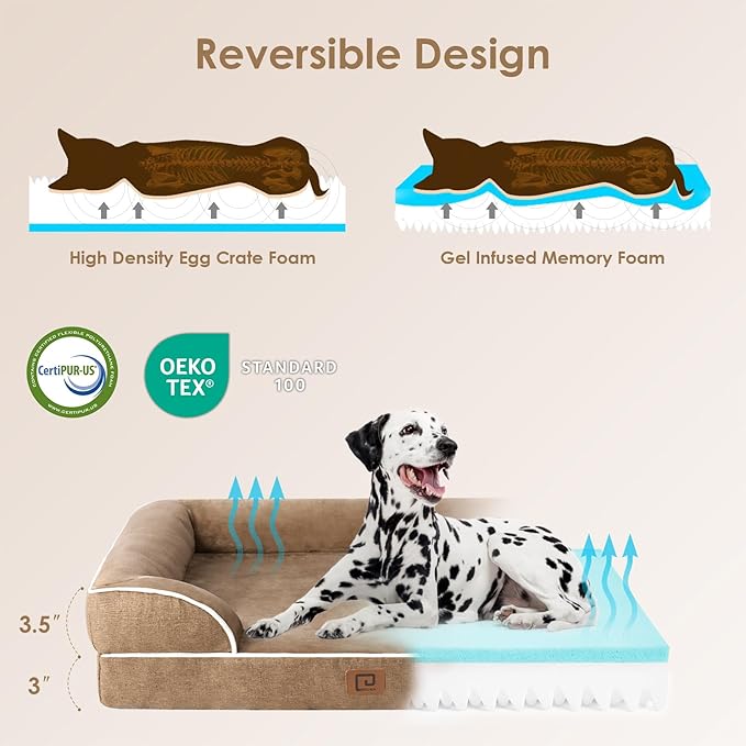 EHEYCIGA Orthopedic Dog Beds for Large Dogs, Waterproof Memory Foam Large Dog Bed with Sides, Non-Slip Bottom and Egg-Crate Foam Large Dog Couch Bed with Washable Removable Cover, Camel