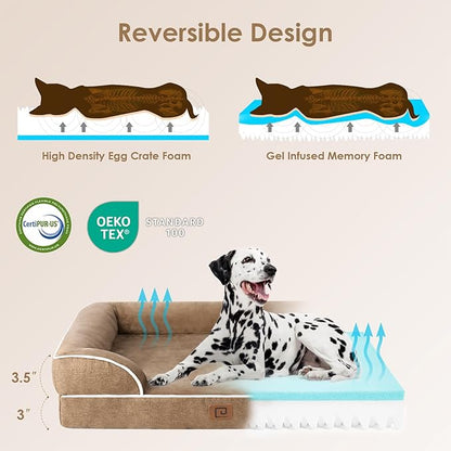 EHEYCIGA Orthopedic Dog Beds for Large Dogs, Waterproof Memory Foam Large Dog Bed with Sides, Non-Slip Bottom and Egg-Crate Foam Large Dog Couch Bed with Washable Removable Cover, Camel