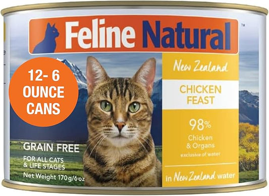 Feline Natural Wet Cat Food Pate, Chicken Feast, 6 Oz Cans (Pack of 12), Grain Free, Made in New Zealand with Cage-Free Chicken, Single Source, Limited Ingredient