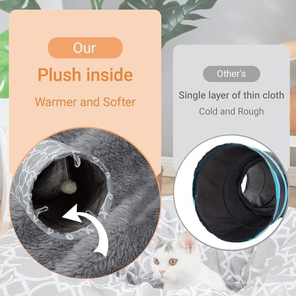 LUCKITTY Geometric Cat Tunnel Bed Under Christmas Tree Oxford Outside with Plush Inside,Cats Toys Collapsible Tunnel Tube with Balls, for Rabbits, Kittens, Ferrets,Puppy 3FT