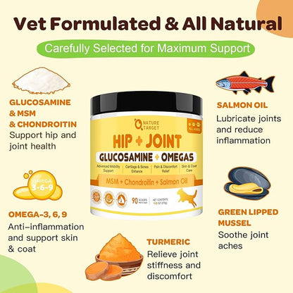 NATURE TARGET Glucosamine for Dogs, Joint Supplement for Dogs, Chondroitin, MSM, Turmeric, Omega 3, Support Hip & Joint Mobility - Dog Joint Pain Relief for Small & Large Breed, 9.52 Oz