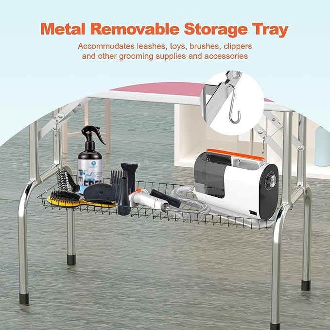 46'' Dog Grooming Table for Large Dogs, Foldable Professional Grooming Table for Dogs at Home with Double Loops/Mesh Tray/Adjustable Arm, Capacity up to 330lbs, Pink