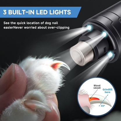 Dog Nail Grinder Quiet 2-Speed Pet Nail Grinder with 3 Led Lights and 3 Ports Rechargeable Electric Dog Nail Trimmer for Large and Small Dogs/Cats and Small Animals Safe (Black)