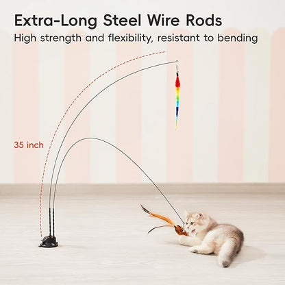 Potaroma Suction Cup Cat Wand Toys, Dual-Wand Interactive Kitten Toy for Indoor Cats with 5 Pcs Feathers Balls Attachments, Charcoal Base