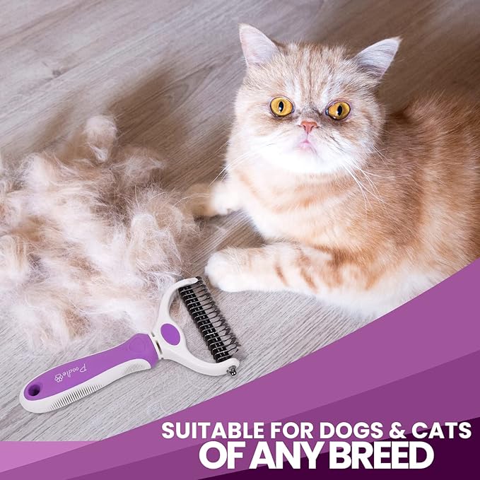 POODLIE Pet Grooming Dematter and Shedding Comb Tool, Twin-Blade Undercoat Rake for Cats and Dogs with Medium and Long Hair, Gentle on Pets with Sensitive Skin, Comfortable to Use Ergonomic Handles