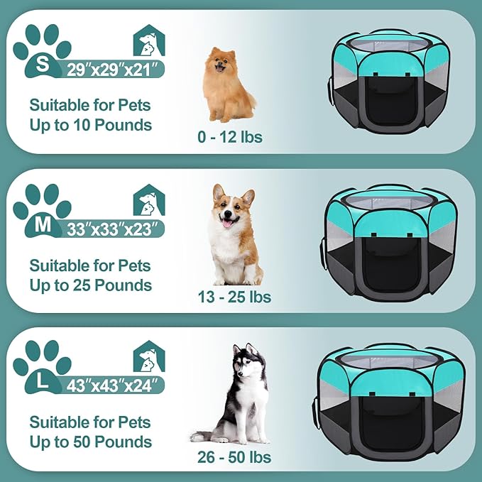 Pet Puppy Playpen for Cat Dog Indoor Outdoor, Foldable Portable Tent, Pop Up Dog Kitten Kennel Playpen with Carrying Case and Bowl,Green,Medium
