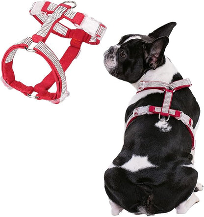 Dog Reflective Rhinestone Harness, No Pull Adjustable D-Ring Harness Walking Harness for Small Meduim Large Dog(Red,S)