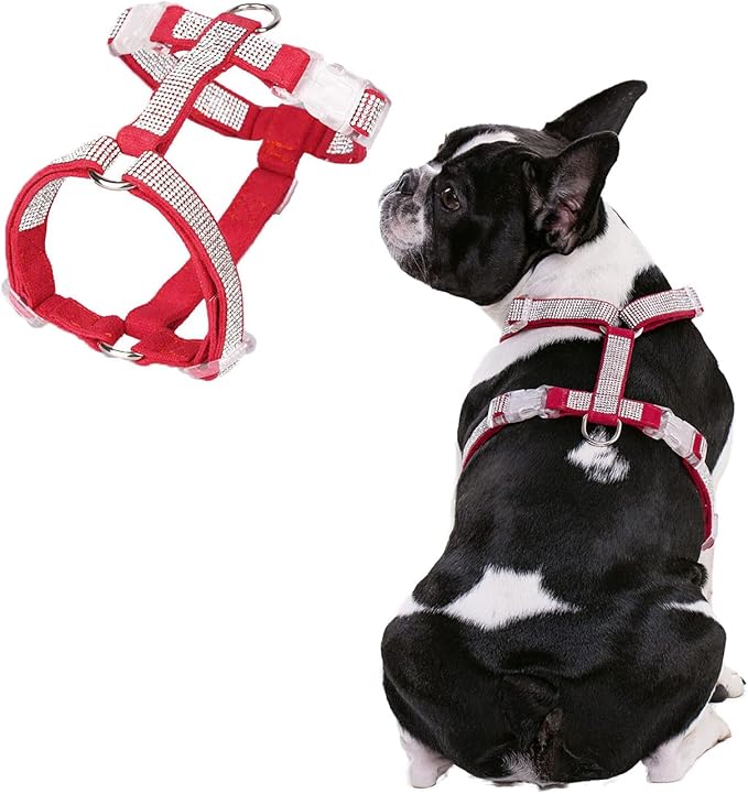 Dog Reflective Rhinestone Harness, No Pull Adjustable D-Ring Harness Walking Harness for Small Meduim Large Dog(Red,M)