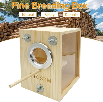 BNOSDM Parakeet Nesting Box Transparent Bird Breeding Nest Boxes Natural Wood Bird Cage (M)