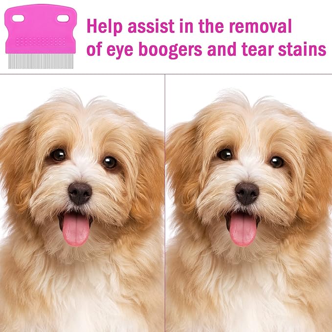 Cunhill 5 Pieces Dog Flea Combs for Grooming Lice Tick Comb for Small Dogs Puppies Stainless Steel Teeth Tear Stain Remover 2-in-1 with Round Teeth to Remove Knots Crust Mucus