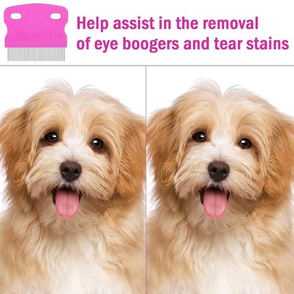 Cunhill 5 Pieces Dog Flea Combs for Grooming Lice Tick Comb for Small Dogs Puppies Stainless Steel Teeth Tear Stain Remover 2-in-1 with Round Teeth to Remove Knots Crust Mucus