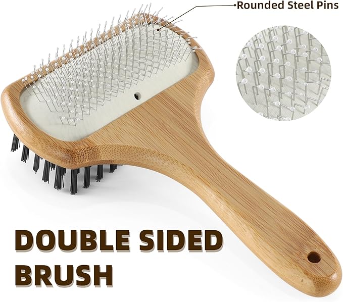 Double Sided Dog Grooming Brush for Long or Short Haired Pets Dog Slicker Brush with Bamboo Handle for Removing Shedding Tangles