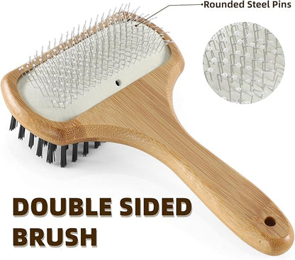 Double Sided Dog Grooming Brush for Long or Short Haired Pets Dog Slicker Brush with Bamboo Handle for Removing Shedding Tangles