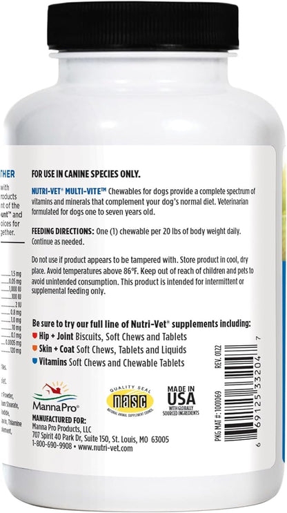 Nutri-Vet Multi-Vite Chewables for Adult Dogs, Dog Vitamins, Pet Essentials, Potent Antioxidants, Strong Bones, Supports a Balanced Diet, Pet Supplements, 120 Count