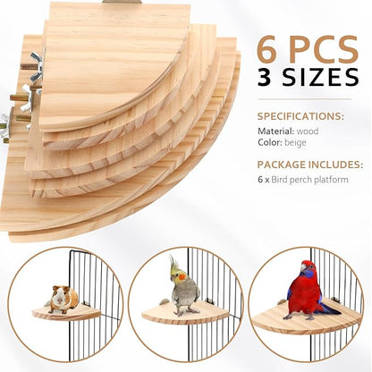 Wettarn 6 Pcs Bird Perch Platform Bird Corner Parrot Perch Corner Wooden Stand Sector Playground Cage Accessories Shelf for Parakeet Conure Cockatiel Budgie Gerbil Rat(Assorted Sizes)