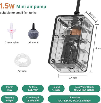 hygger See-Through Air Pump for Aquarium: Adjustable Oxygen Pump，Silent Powerful Aerator Pump 1.5W 1 Air Outlets Ultra Silent for Small Fish Tank,Hydroponic Systerm, Household Commercial Use