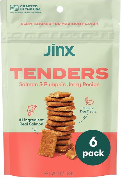 Jinx Tenders Salmon Jerky Dog Treats, All-Natural Ingredients, Soft and Chewy, Low-Calorie, Slow-Smoked Salmon & Pumpkin, No Fillers, 5oz, 6 Pack