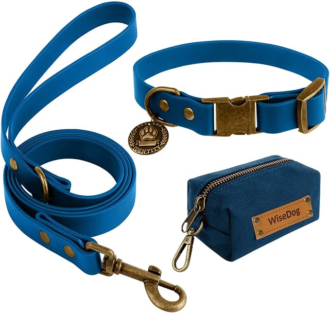 Wisedog Dog Collar and Leash Set, Waterproof Adjustable Puppy Collars with Cute Tag 6FT Dog Leash with Poop Bag for Small Medium Large Dogs (M, Blue)