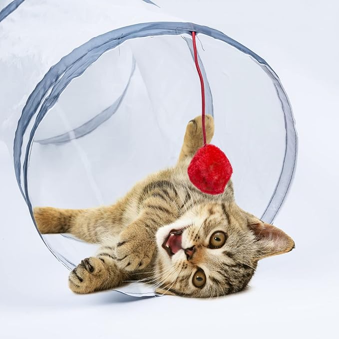 Sheldamy Cat Tunnel, 2-Way Cat Tunnels for Indoor Cats, Collapsible Cat Play Tunnel, Interactive Toy Maze Cat House with 1 Play Ball for Cats, Puppy, Kitty, Kitten, Rabbit (White & Grey)