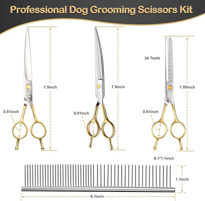 6 in 1 Dog Grooming Scissors Set - Durable Stainless Steel Golden Dog Grooming Shears Curved, Thinning & Straight - Poodle Grooming Kit Dog Groomer Gifts with Safe Tips for Home DIY/Professional Use
