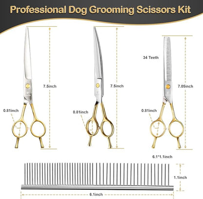 6 in 1 Dog Grooming Scissors Set - Durable Stainless Steel Golden Dog Grooming Shears Curved, Thinning & Straight - Poodle Grooming Kit Dog Groomer Gifts with Safe Tips for Home DIY/Professional Use