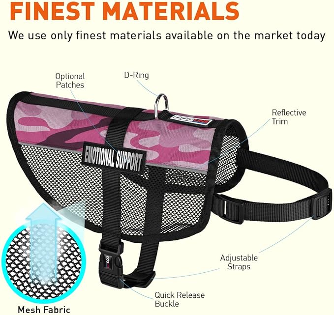 Dogline MaxAire Vest Emotional Support Removable Patch Adjustable Harness Reflective for Puppies Small Medium and Large Dogs 30 by 38 Inch Girth Pink Camo