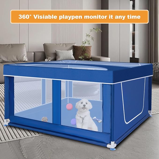 42x42 Inches Puppy Playpen with Top Cover, Dog Playpen for Small or Puppy Dogs, Pet Playpen for Indoor & Outdoor, Sturdy Safety Dog Crate with Durable Mesh Windows, Blue
