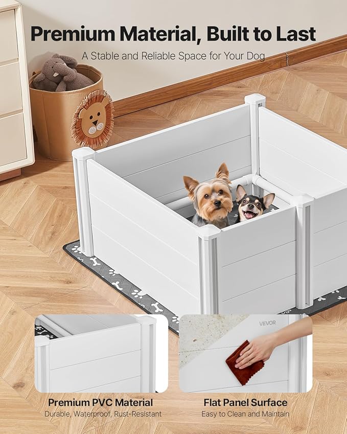 VEVOR Dogs Whelping Box, 38.6 x 38.6 x 18.1 inch, Plastic PVC Puppies Playpen with Height Adjustable Door and Washable Pee Pad, Anti-Deformation Indoor Puppy Play Pen for Medium Breed Dogs, Milk White