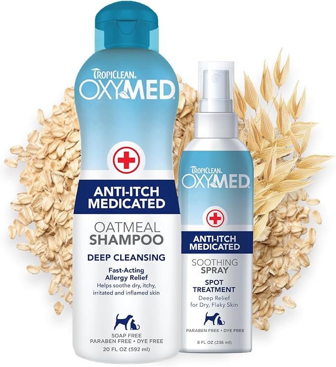 TropiClean Oxymed Cat & Dog Medicated Shampoo for Itchy Skin and Oxymed Medicated Itch Relief Spray Set, Skin Soothing Oatmeal Shampoo for Dogs & Cats | Set of 2