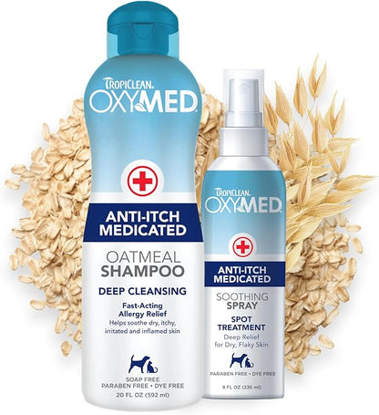 TropiClean Oxymed Cat & Dog Medicated Shampoo for Itchy Skin and Oxymed Medicated Itch Relief Spray Set, Skin Soothing Oatmeal Shampoo for Dogs & Cats | Set of 2
