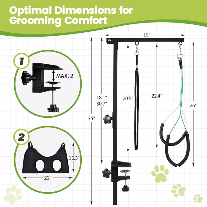 Dog Grooming Table Arm with Hammock, 35" Adjustable Height Grooming Arm with Clamp and No-Sit Haunch Holders, Suitable for Small & Medium Pets (Grooming Table Not Included)