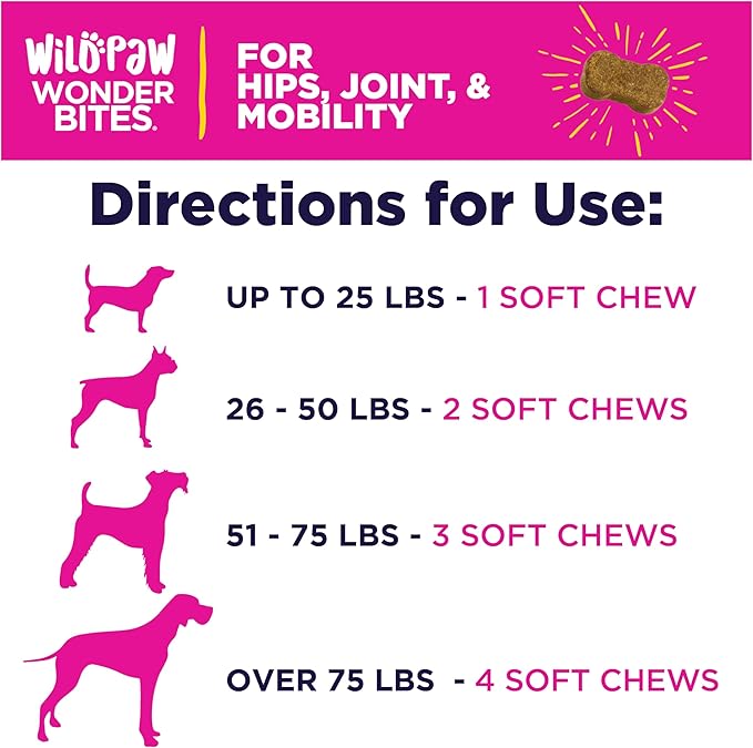 WildPaw WonderBites Hemp for HIPS, Joints, & Mobility -90 Soft Chews- Improves Mobility, Reduces Pain - Glucosamine, MSM, Hyaluronic Acid, Turmeric, & More – Joint Supplement for Dogs