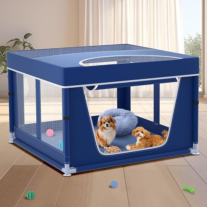 42x42x26 Inches Puppy Playpen with Top Cover, Dog Playpen for Small or Puppy, DogFence Pet Playpen for Indoor & Outdoor, Sturdy Safety Dog Pen with Durable Mesh Windows, Blue